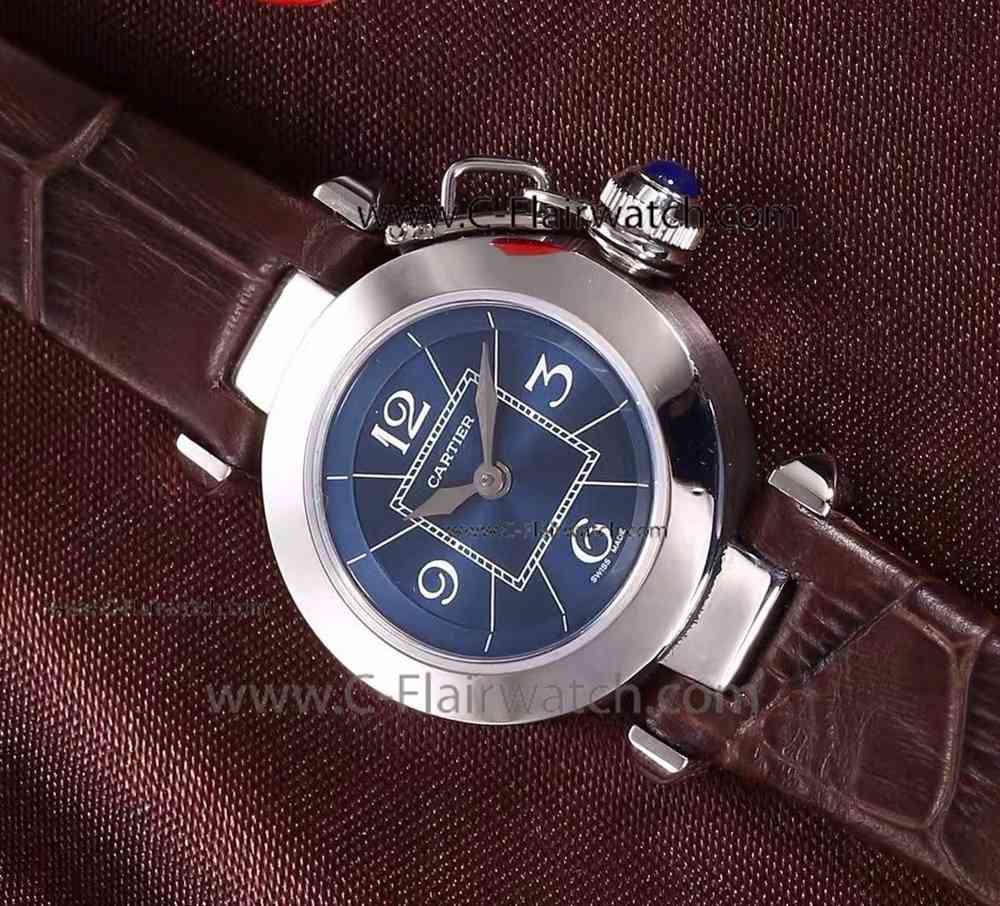 Buy Replica Cartier Pasha 28mm Watch Blue Dial & Brown Leather
